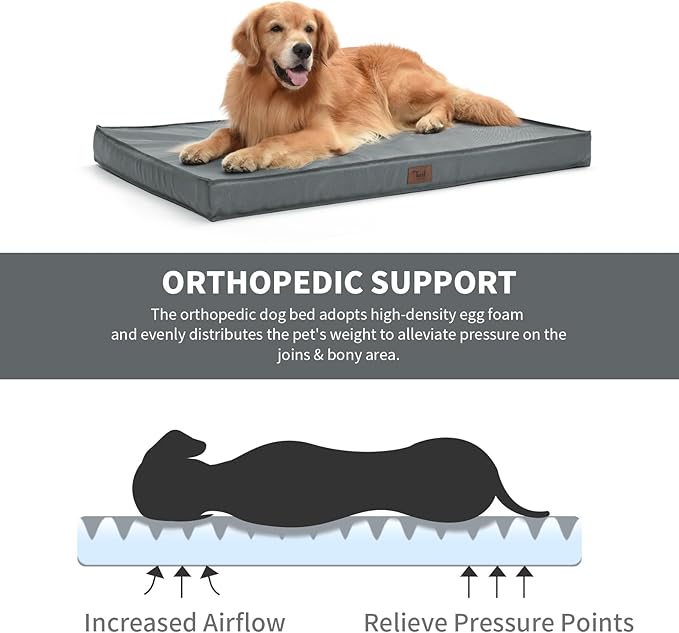 Outdoor Large Washable Dog Bed, Orthopedic Egg Crate Foam Dog Crate Mat for Large Dogs with Removable Oxford Cooling Cover, Grey