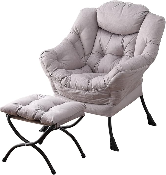 Welnow Lazy Chair with Ottoman, Modern Lounge Accent Chair with Armrests and a Side Pocket, Leisure Sofa Armchair, Reading Armchair with Footrest for Small Space, Light Grey