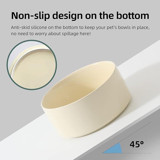 Ceramic 7.3inch Raised Double Bowls Set with Wooden Stand, Food & Water Bowls for Medium Breed Dogs, Weighted Dog Dishes, Pet Feeder(Light Yellow)