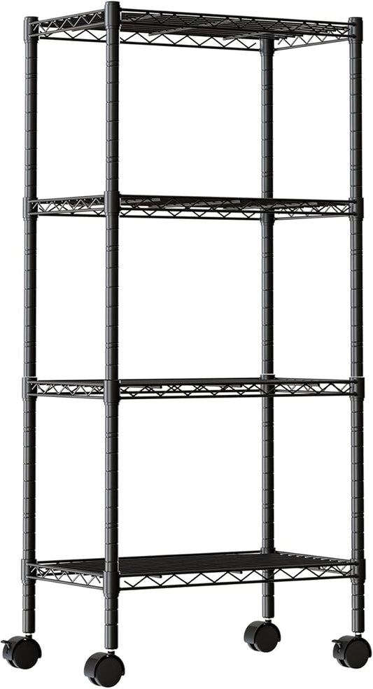 DUMOS Industrial 4 Level Grid Storage Rack ，Mobile Metallic Shelving System with Lockable Wheels， Multi-Purpose Cabinet for Workshop, Culinary Space, Storeroom, Washroom & Restroom Black