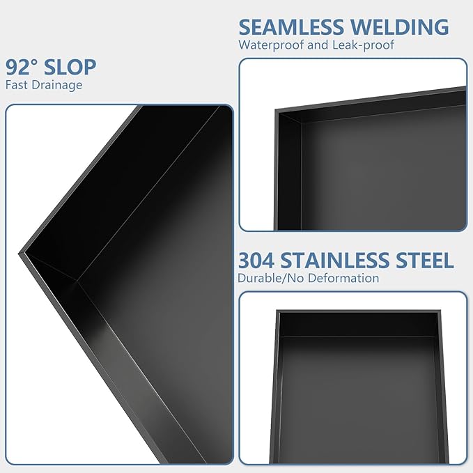 Homevacious Shower Niche 16 x 24 Inch Stainless Steel No Tile Needed Matte Black Bathroom Shelf Rimless Recessed Wall Niche for Bathroom Storage