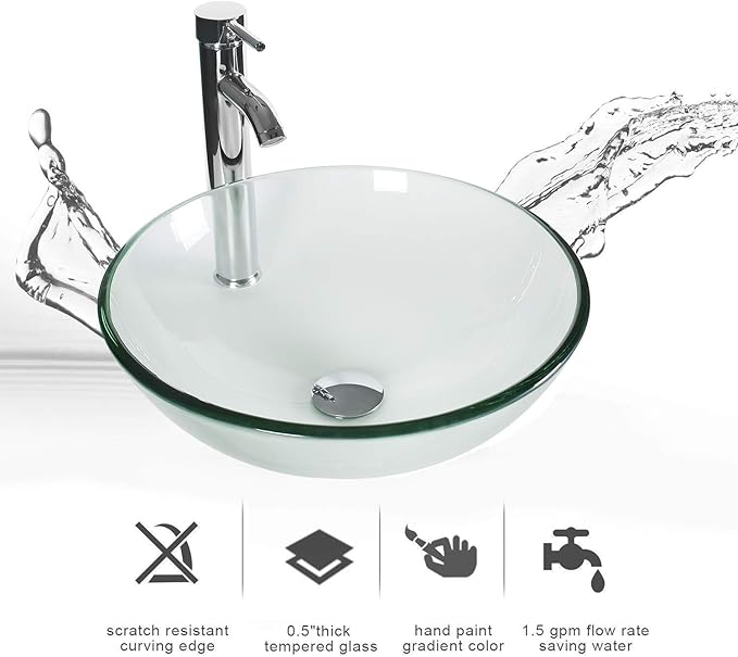 eclife 60" Modern Bathroom Vanity Sink Combo Freestanding Cabinet with Small Side Cabinet, Clear Round Glass Vessel Sink, Water Save Faucet, Drain (White+A16)