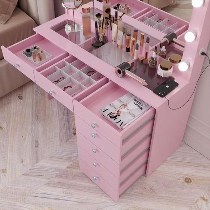 Boahaus Serena White Makeup Vanity with Mirror and 11 Lights, 7 Drawers, Glass Top, Crystal Knobs, USB-A & USB-C Ports, 110V Power Outlet, Bedroom Vanity Desk (Pink-1)