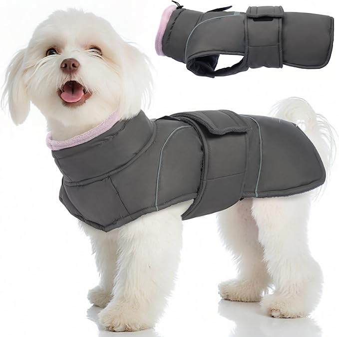 Gray Dog Coat Waterproof Jacket with Fleece Lined Windproof Coats for Small Dogs Thick Pets Clothes Soft Pet Sweater for Cold Weather Warm Winter Puffer Coat with Leash Hole