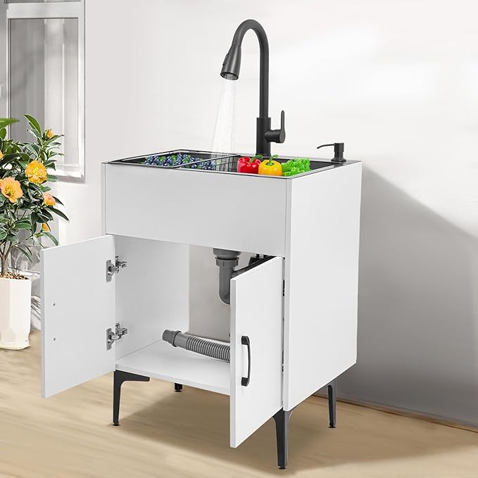 Laundry Sink Cabinet with Pull-Out Faucet, Stainless Steel Freestanding Utility Room Sink with Cabinet Utility Tub for Bathroom Laundry Room Kitchen (23.62x17.72in White)