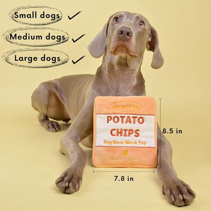 CHEWFFON Dog Enrichment Puzzle Bundle: Interactive Birthday Cake, Slow Feeding Crinkle Gift Nose Work Potato Chips Puzzle Toys for Small, Medium, & Large Dogs (Includes Level 2 Stimulating Treats)