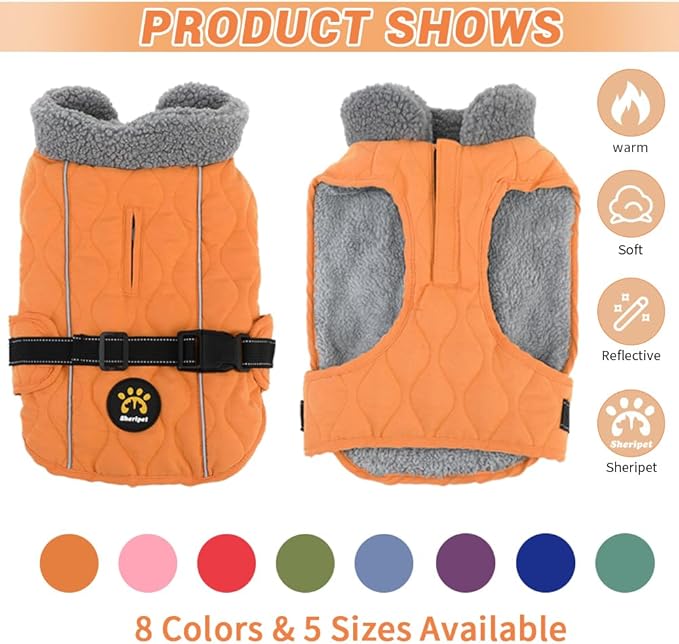 Dog Cold Weather Coats, Fleece Lining Small/Medium/Large Dog Jackets for Winter, Adjustable Pet Winter Clothes for X-Large Dogs, Water Resistant Pet Apparel with Buckle, Orange XL