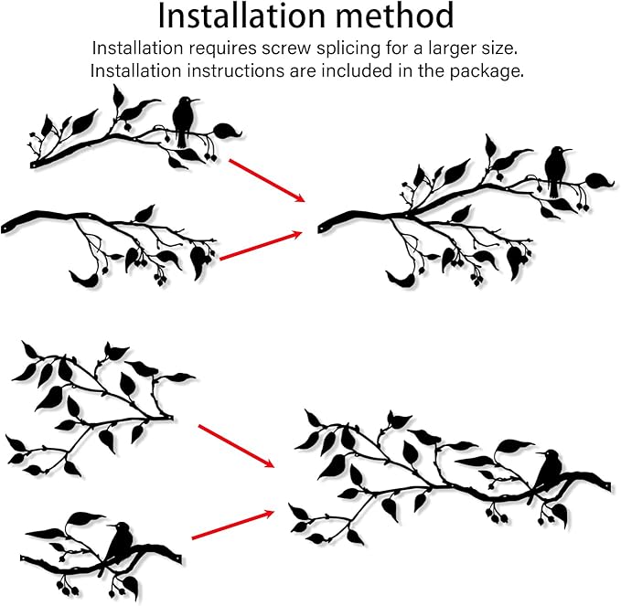 Harikikochuu 4PCS Metal Birds Wall Decor, Birds on the Branch Metal Silhouette Art, Black Leaves with Bird Outdoor Hanging Wall Sculpture for Home Office Balcony Garden Decor.（Hummingbirds）