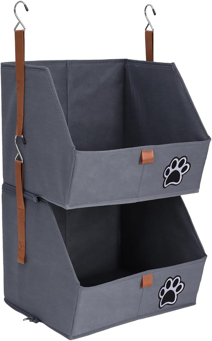 2-Tier Dog Shelves Storage Organizer, Dog Toy Basket, Hanging Closet Organizer for Pet, Fabric Storage Bins Dog Cabinet, Collapsible Baskets for Dog Toys,Colloar,Clothes,Blanket -Grey