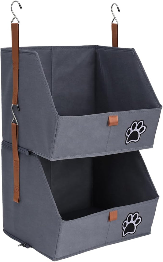 2-Tier Dog Shelves Storage Organizer, Dog Toy Basket, Hanging Closet Organizer for Pet, Fabric Storage Bins Dog Cabinet, Collapsible Baskets for Dog Toys,Colloar,Clothes,Blanket -Grey