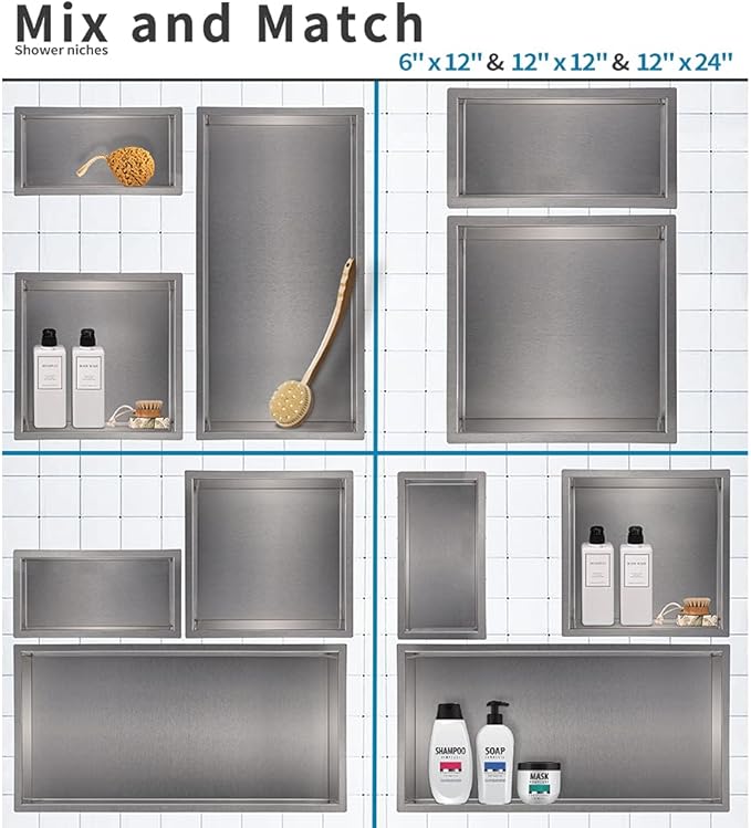 24"×12" Shower Niche Brushed Stainless Steel, Recessed Shower Caddy, Bathroom Shelf Insert Fits for 22.8"x11" Wall Hole Installation (Nickel)