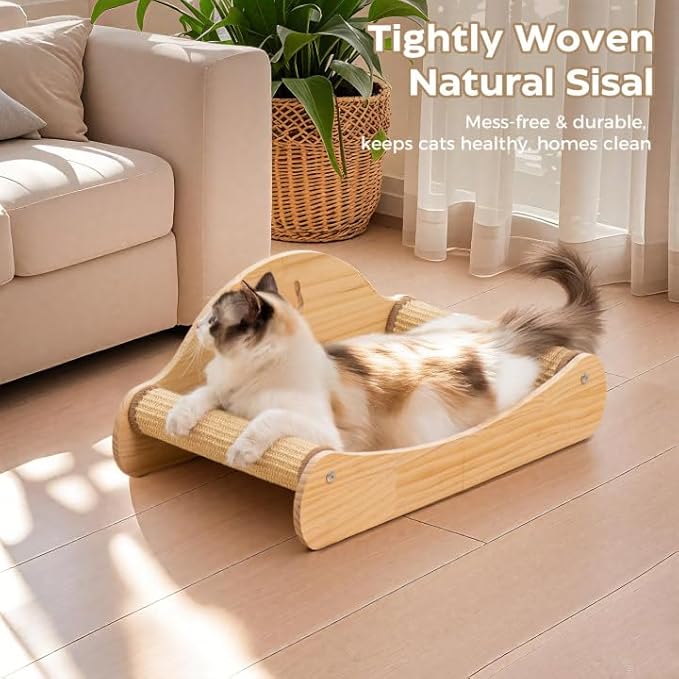 Avont Sisal Cat Scratcher Bed, Natural Solid Wood Scratch Lounger, No Mess Scratching Chair Couch for Indoor Cats -Large