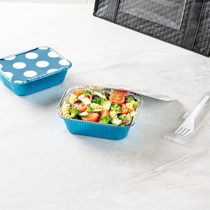 Restaurantware-12 Ounce Disposable Takeout Containers, 50 Rectangle Food Containers - With Polka Dot Lids, Blue Takeaway Containers, Aluminum Delivery Containers, Freezable