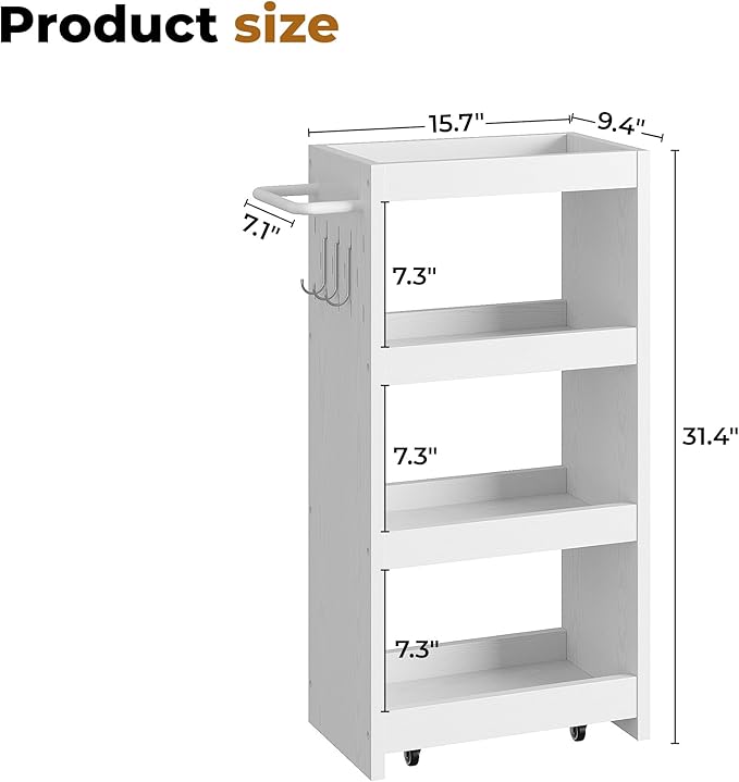 LIKIMIO 4 Tier Slim Storage Cart with Hooks, Wheels, Handle, Slide-Out Rolling Utility Cart for Small Spaces Kitchen, Narrow Mobile Shelving Unit Organizer Trolley, 15.7" L x 9.4" W