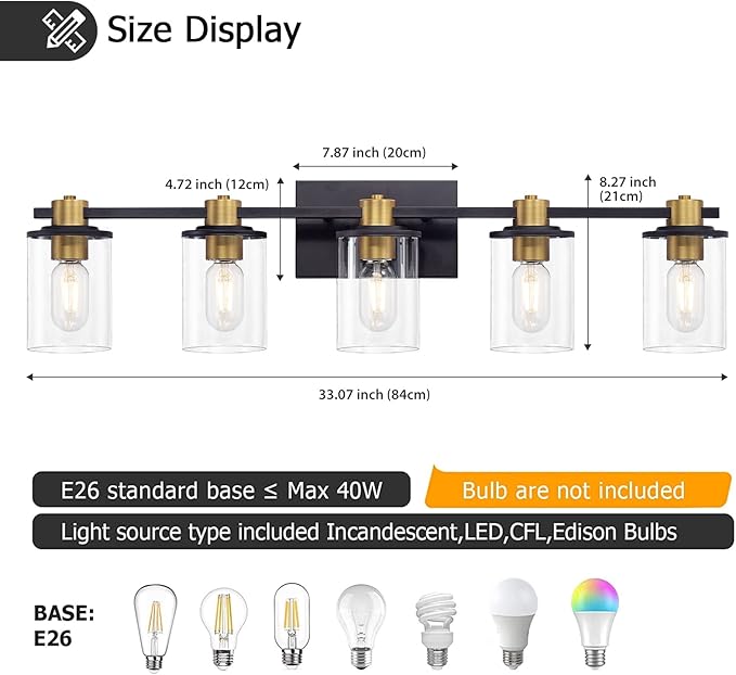 5 Light Bathroom Vanity Light, Black and Gold Bathroom Light Fixtures, Sconces Wall Lighting with Clear Glass Shade, Modern Brushed Gold Vanity Lighting fixtures for Bathroom, Bedroom, Hallway