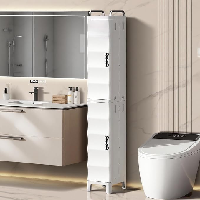 52.76" Tall Narrow Bathroom Storage Cabinet with Doors and Adjustable Shelves Plastic Slim Bathroom Storage Organizers Small Space Saver for Laundry Room Dorm Kitchen Quick Assembly, White