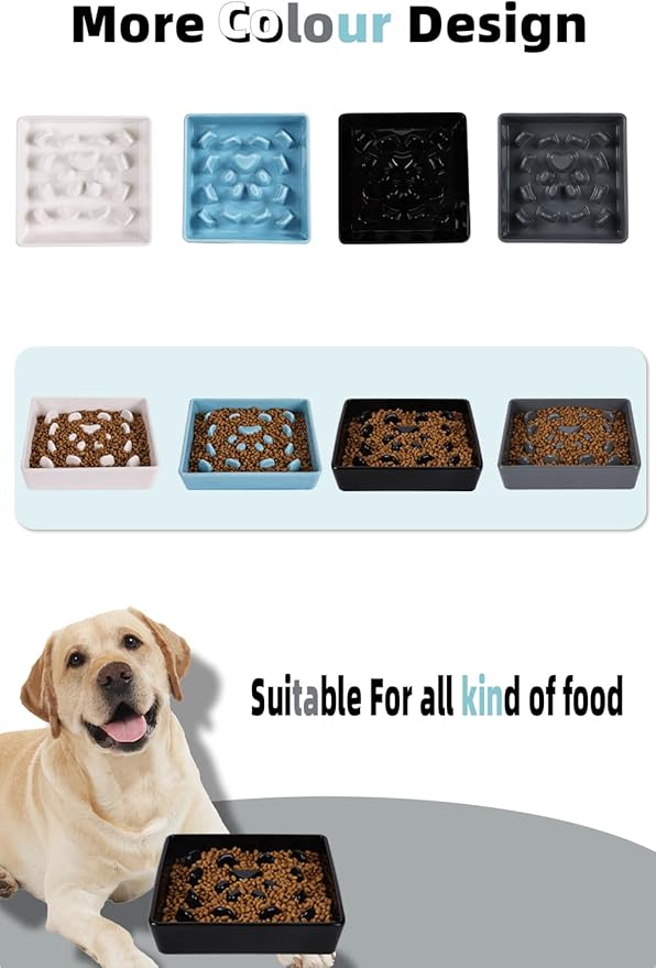 Square Slow Feeder Dog Bowls, Ceramic Fun Slow Eater Bowl for Small Medium Breed (Black)