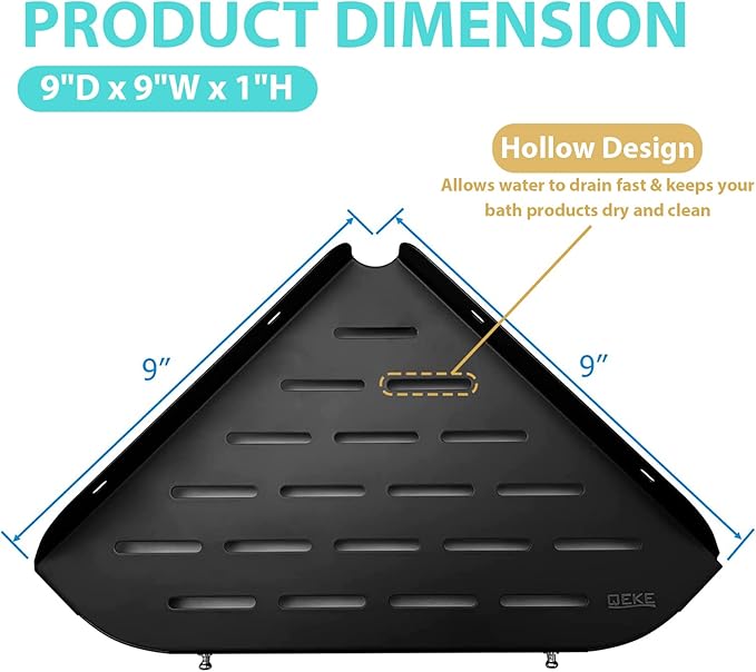 Corner Shower Shelf, 9" Corner Shower Caddy, SUS304 Stainless Steel Shower Organizer Wall Mount Corner Shelf with 2 Hooks for Bathroom, Dorm and Kitchen, Matte Black (2 Pack)