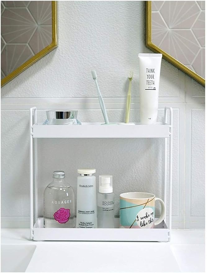 2-Tier Bathroom Countertop Organizer Vanity Tray Cosmetic & Makeup Storage Kitchen Spice Rack Standing Shelf, White