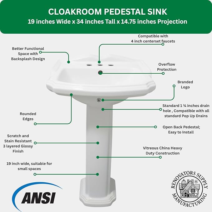 Small Pedestal Sink, Renovators Supply Cloakroom 19" Wide x 33" Tall Bathroom Sink White Grade A Porcelain With Overflow And Pre-Drilled Centerset Faucet Holes