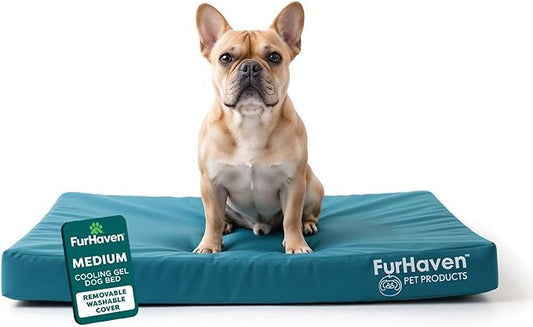 FurHaven Water-Resistant Orthopedic Dog Bed for Medium Dogs, Oxford Polycanvas Mattress with Orthopedic Solid Slab Foam for Joint Support, Removable Washable Cover, Medium, Deep Lagoon