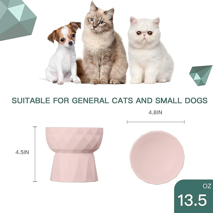 Frewinky Cat Bowls,Ceramic Cat Bowls Anti Vomiting,Raised Food and Water Bowl Set for Cats and Small Dogs,13.5 Oz,Pink