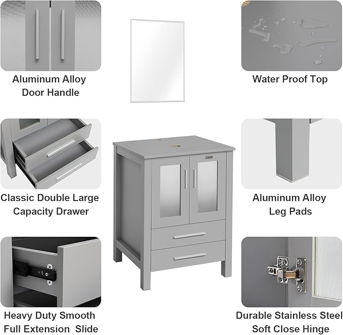 eclife 24" Modern Bathroom Vanity Sink Combo Freestanding Cabinet with Soft Closing Door, Brown Square Glass Vessel Sink, Water Save Faucet, Drain (Gray+A48)