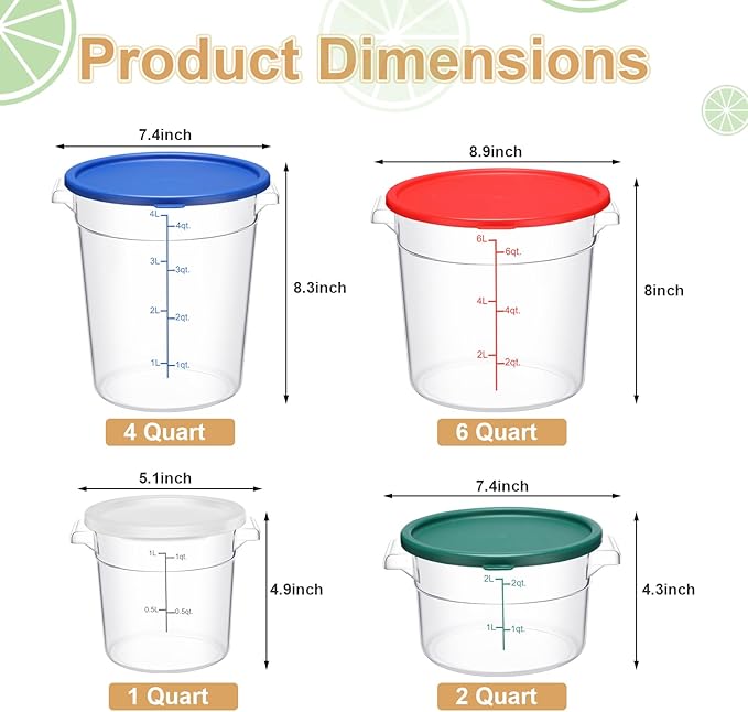Sawysine 4 Pcs Food Storage Container with Lids Set Proof Dough Clear Round Commercial Containers with Scales and Handles for Bread Dough Rise Restaurant Home Food Storage (1 Qt 2 Qt 4 Qt 6 Qt)