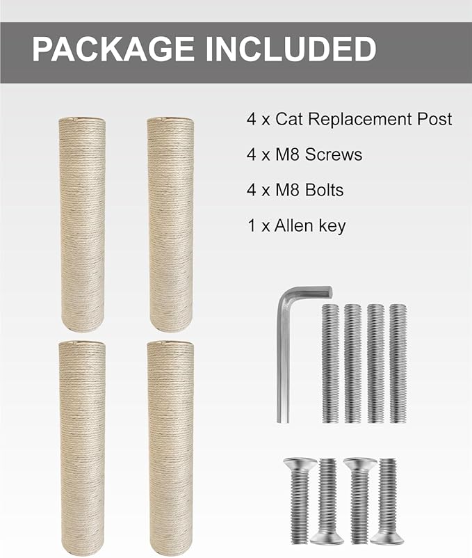 4 PCS M8 Cat Scratching Post Replacement, 15.7 x 3.3 inch Sisal Pole Cat Tree Replacement Post with Screws, Refill Sisal Rope Scratcher Posts for Indoor Tree Tower Cat Furniture Protector