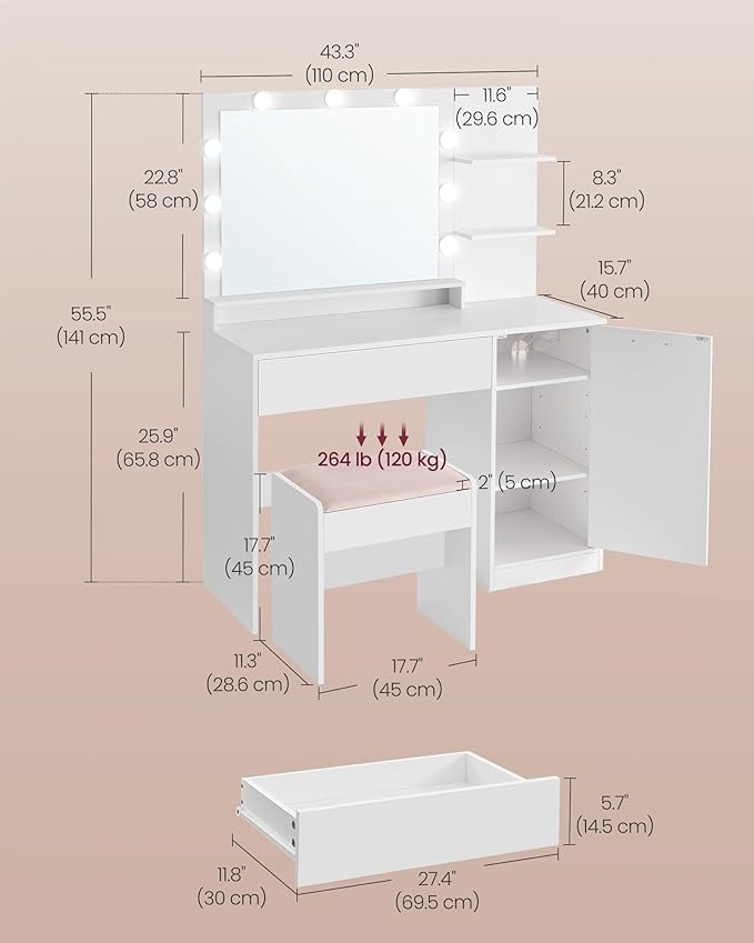 VASAGLE Vanity Desk with Mirror and Lights, 43.3-Inch Wide Makeup Vanity with Upholstered Vanity Stool, Power Outlets, Dimmable LED Lights, Storage Drawer, for Bedroom, Cloud White URDT628W01