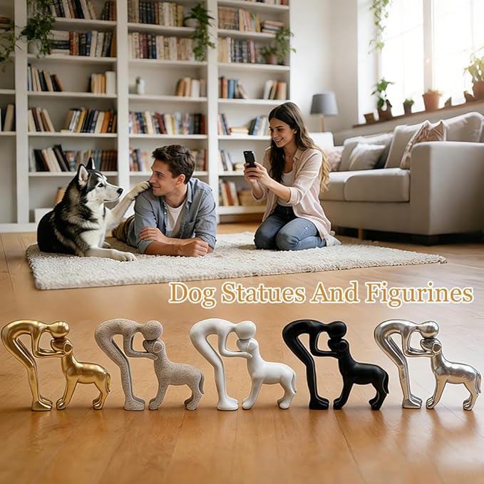 Human and Dog Statue Decoration, Cute Pet Sculpture Home Decor Tabletop Ornament Figurines Office Living Room Bedroom Home, for Dog Lovers Friends Family Decoration, Silver Color