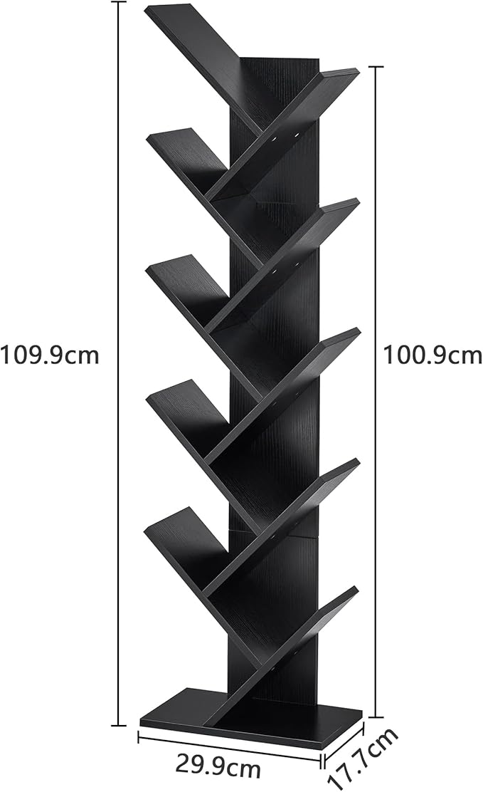 Hoctieon 10 Tier Tree Bookshelf, 10 Shelf Bookcase, Free Standing Tree Bookcase, Display Floor Standing Shelf for Books, Book Organizer Shelves for Home Office, Living Room, Bedroom, Black