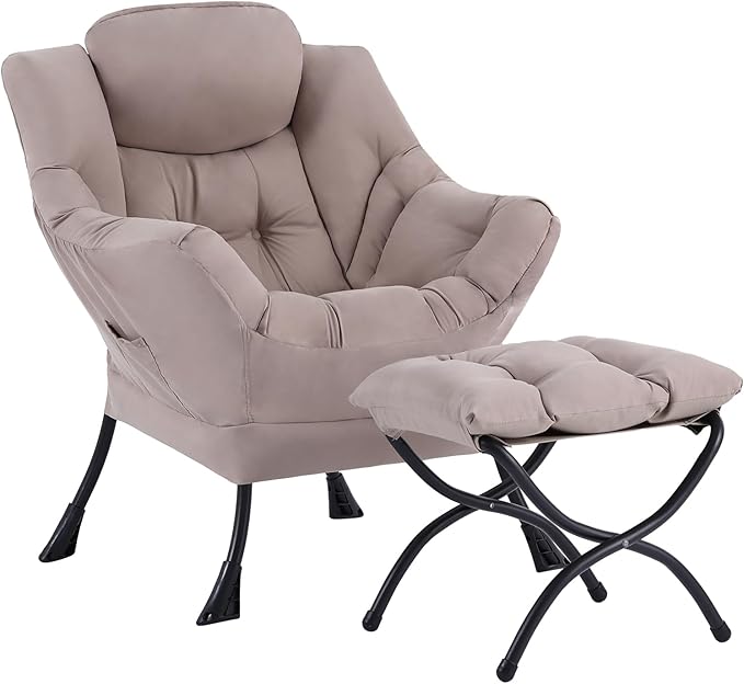 Welnow Lazy Chair with Ottoman, Modern Reading Lounge Accent Chair with Armrests and a Side Pocket, Leisure Upholstered Lazy Sofa Set with Footrest for Small Space, Khaki