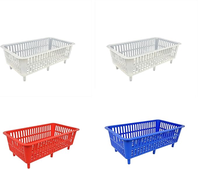 YDB Storage Plastic Drain Basket with Feet for Sorting Live Fresh Shellfish Oyster Abalone Scallop Geoduck Clams Mussels or Garden Harvest 4PCS (White+White+Blue+Red)