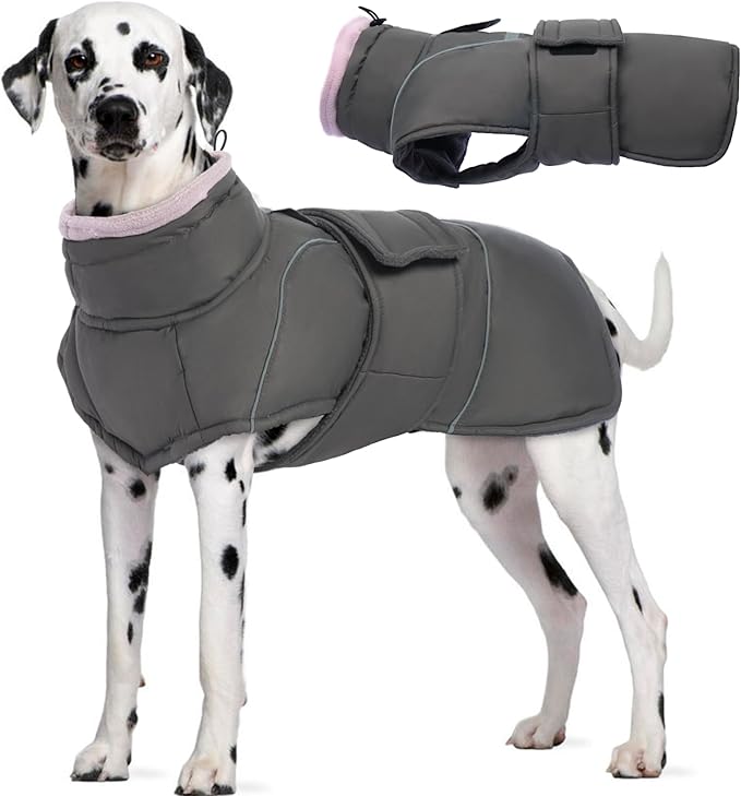 Gray Dog Coat Soft Pet Sweater for Cold Weather Warm Pet Winter Puffer Coat with Leash Hole Waterproof Dogs Jacket with Fleece Lined Windproof Dog Coats for Large Dogs Thick Pets Clothes