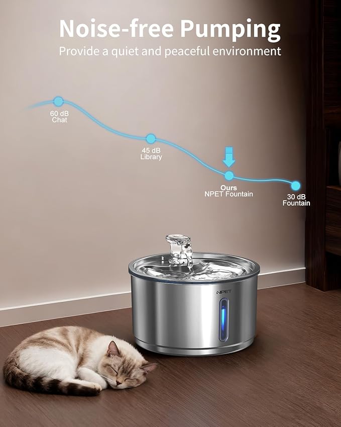 NPET Stainless Steel Cat Water Fountain, 1Gallon/135oz Automatic Pet Drinking Fountain with 4 Pack Replacement Filters