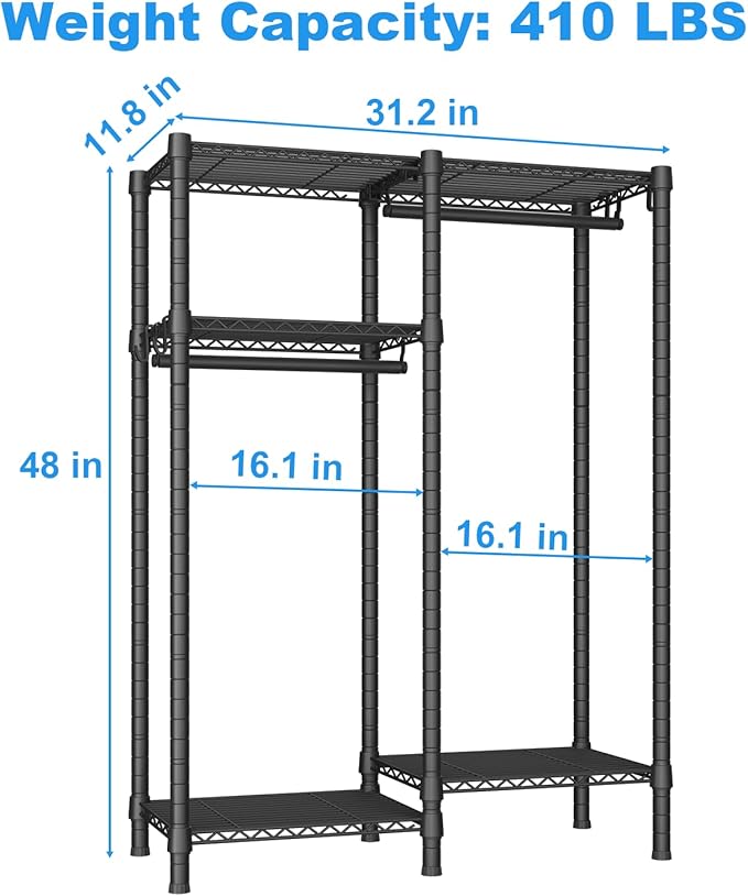 Ulif F1 Garment Rack for Kids, Baby, Students, and Children's Room, 4 Tiers Freestanding and Portable Heavy Duty Closets, Small Metal Clothes Rack with 2 Hanging Rod, 31.2" W x 11.8" D x 48" H, Black