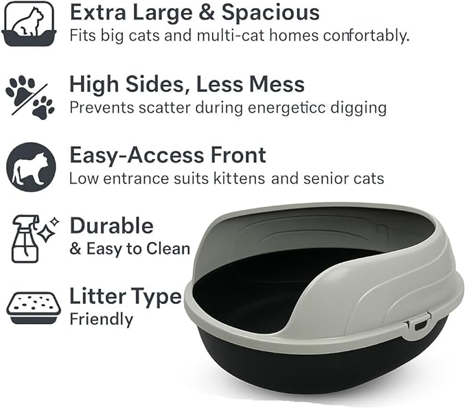 Large Cat Litter Box – High Sided Kitty Litter Pan for Cats – Durable Plastic, Easy Clean, Low Entry for Kittens and Seniors – Open Top Extra Large