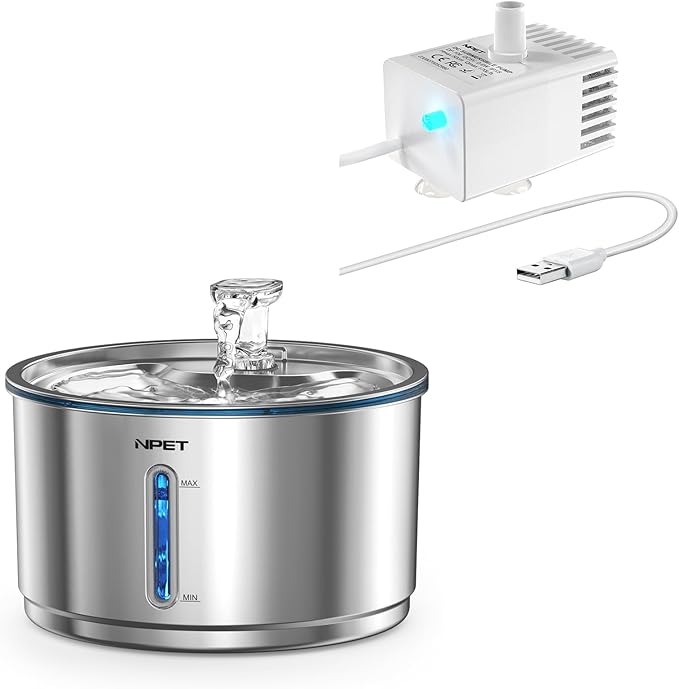 NPET Stainless Steel Cat Water Fountain, 1Gallon/135oz Automatic Pet Drinking Fountain with LED Water Pump
