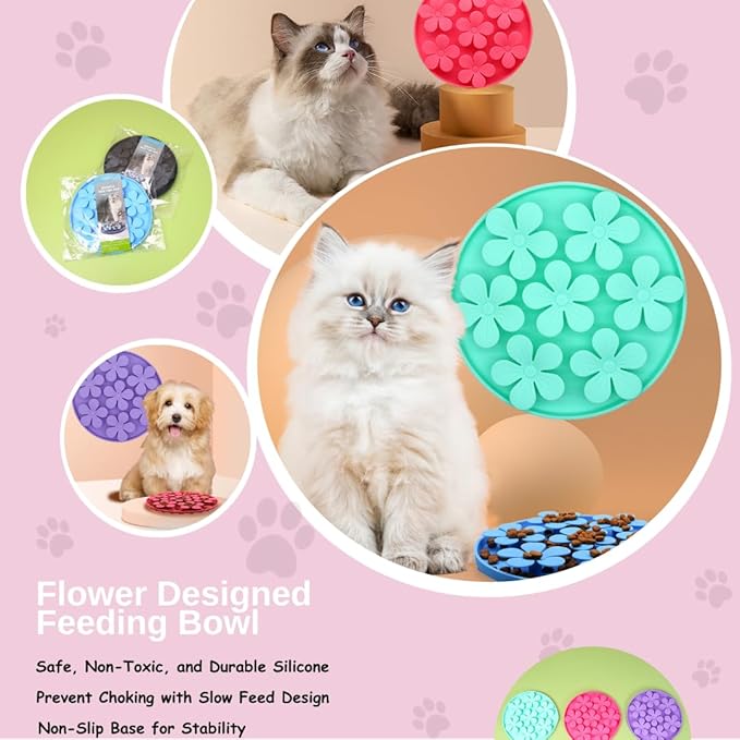 Non-Slip Slow Feeder Pet Bowl – Anti-Choking Feeding Bowl with Suction Cups for Dogs & Cats, Promotes Healthy Digestion (Grey, Flower)