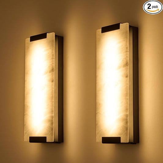 14.2in Alabaster Wall Sconces, Large Natural Marble Wall Sconces Set of Two, LED Modern Wall Lamp for Bedroom, Stairs, Living Room, Vanity, Bedside, Hallway （Black 12W）
