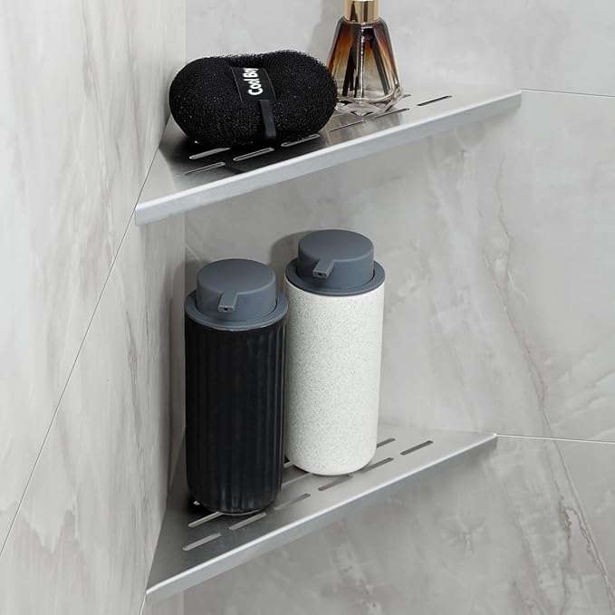 2-Pack 10" Wall Mounted Corner Shower Shelf - No Drilling Recessed Bathroom Shelves, Triangular Shower Caddy Organizer, Rustproof Stainless Steel Shower Shelves for Tiled Walls(Brushed)