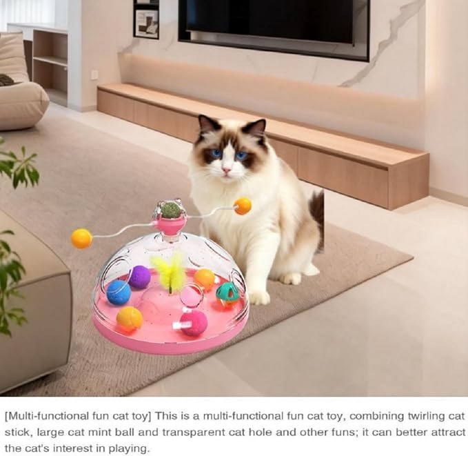 Interactive Cat Toys for Indoor Cats, Kitten Toys with Spinning Dome, Catnip Ball, Feathers & Rolling Balls - Spinning Teaser Toy for Outdoor Cats (Pink)