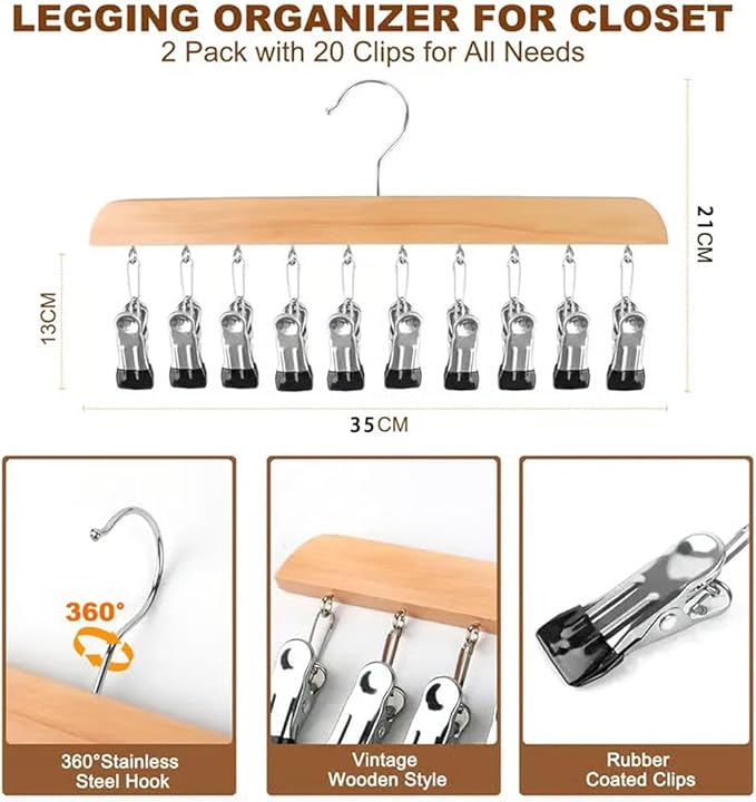 Closet Organizer with 10 Clips - Space Saving Hanging Closet Organizer, 2026 Upgraded Legging Hangers for Closet, 360° Rotating Metal Clips with Silicone Lining for Clothes (Wood, 1PC)