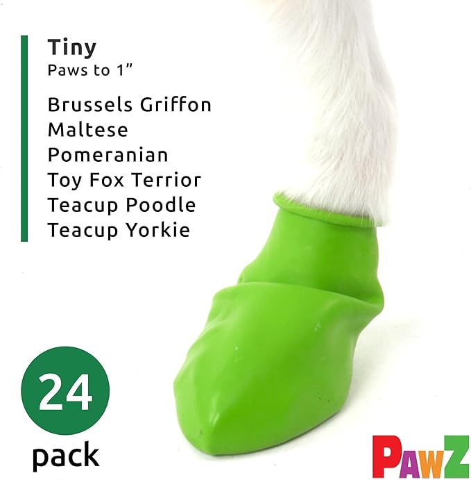 PawZ Rubber Dog Boots for Tiny Paws - All-Weather Waterproof Dog Shoes, Anti-Slip Traction for Rain, Snow, Mud & Hot Pavement - Pull-On Dog Booties, Green - Tiny (0.5" - 1") - Pack of 24