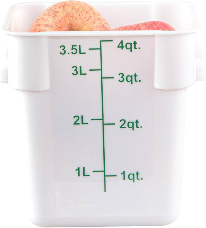 Restaurantware Food Storage Container 10 Pack of 4 qt Plastic Kitchen Storage Bin with Volume Markers Space-Efficient Design Dishwasher-Safe Polypropylene White