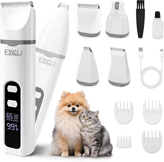ETACCU 4 in 1 Dog Clippers Grooming Kit with LED Display, Cordless Dog Quiet Hair Trimmer for Paw Nail Grinder, Rechargeable 2-Speed Cat Clippers Face Shaver for Paw Nail Body Ear