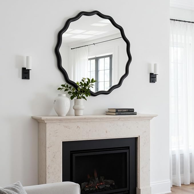Circle Scalloped Mirror for Wall,32" Round Wavy Wooden Frame Vanity Mirror Hanging for Bedroom, Living Room, Hallway, Entryway, Home Decor Black