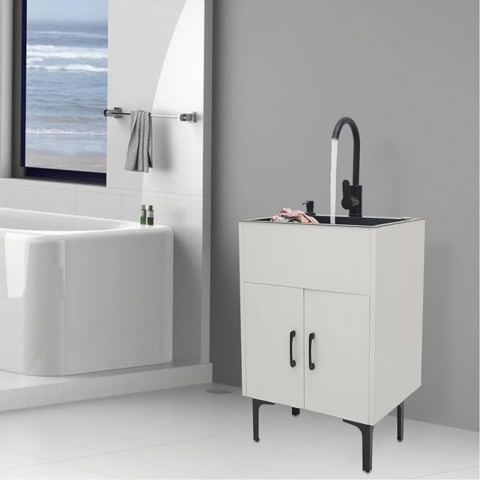20-Inch Laundry Sink with Cabinet & 360° Swivel Hot/Cold Faucet, Freestanding Kitchen Sink Cabinet with Stainless Steel Sink & Drain Basket, White Cabinet with Sink for Laundry&Utility Room