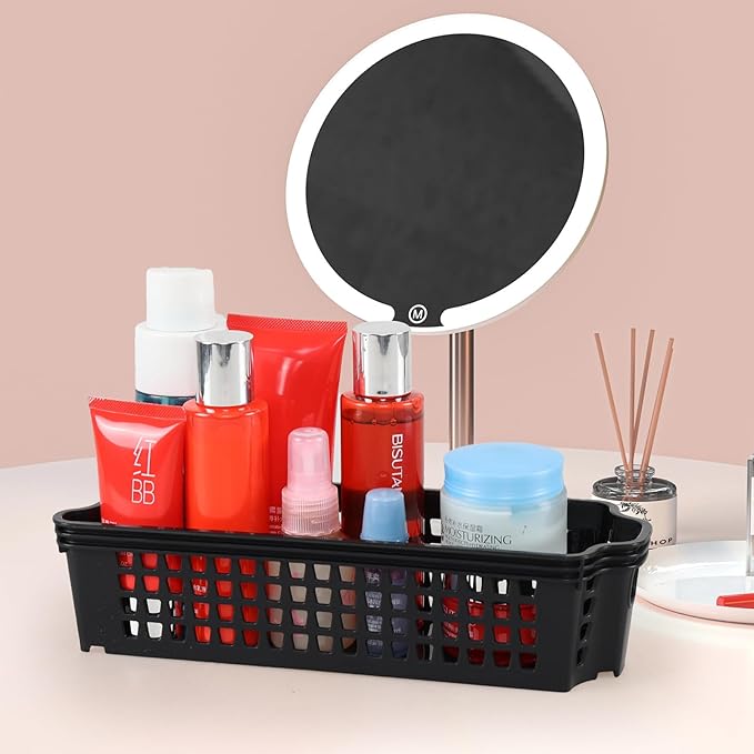 12 Pack Plastic Slim Storage Basket, 10.43" x 3.74" x 2.55" Small Stackable Plastic Storage Baskets, Black